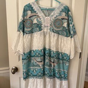 🌱 XL Beach Coverup Teal & White Print - NEW